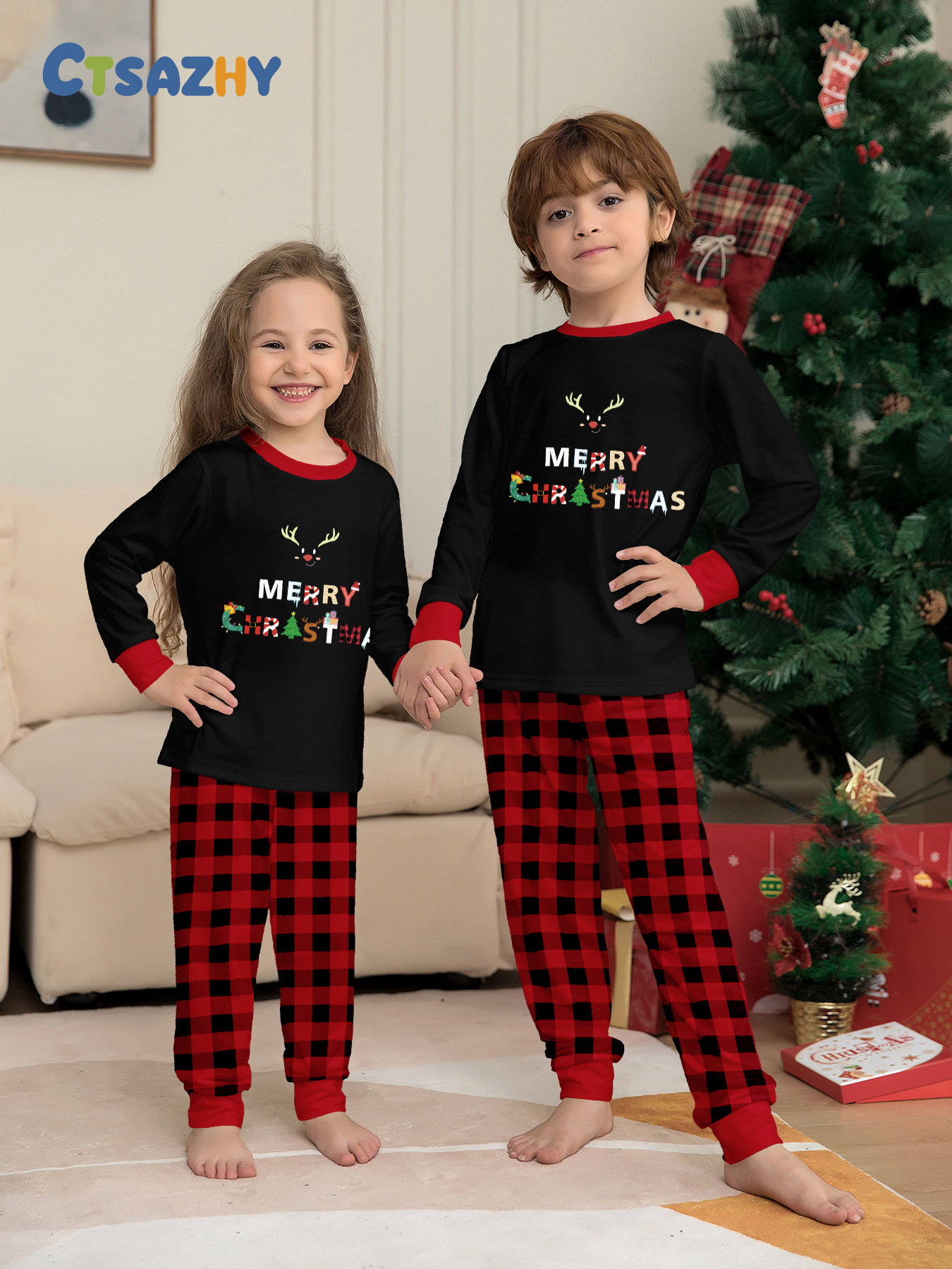 Christmas Christmas deer letter plaid Christmas family print home dress pajamas_voghion.com