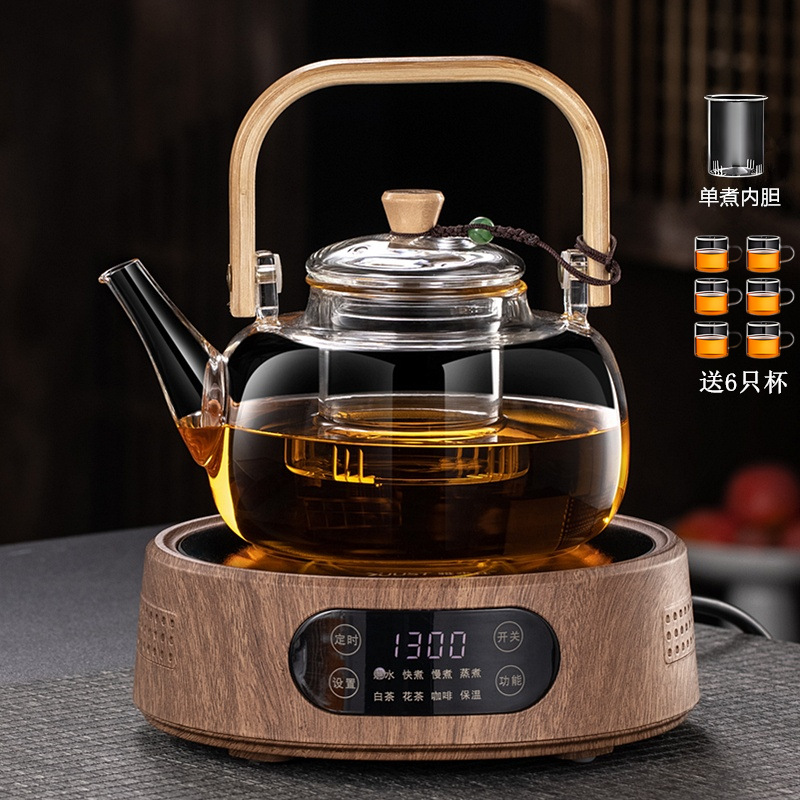 Transparent square lifting beam + 6 cups + teapot rope + T12 wood grain electric ceramic stove
