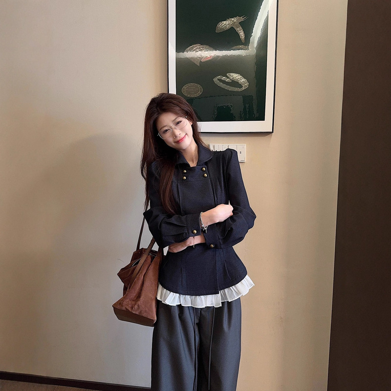 Real Shot~ Double-Breasted Denim Pleated Waist Shirt Work Clothing Lace Splicing Design Top Jacket Women's Clothing