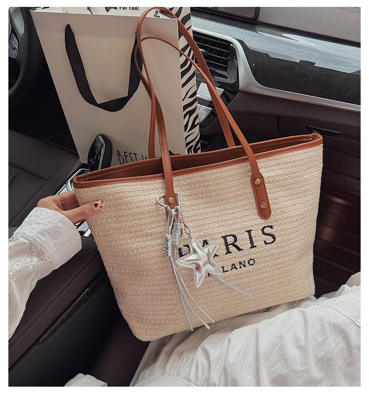 Summer striped woven large-capacity tote bag 2025 New style fashionable and trendy Korean style simple and elegant casual single-shoulder bag full figure