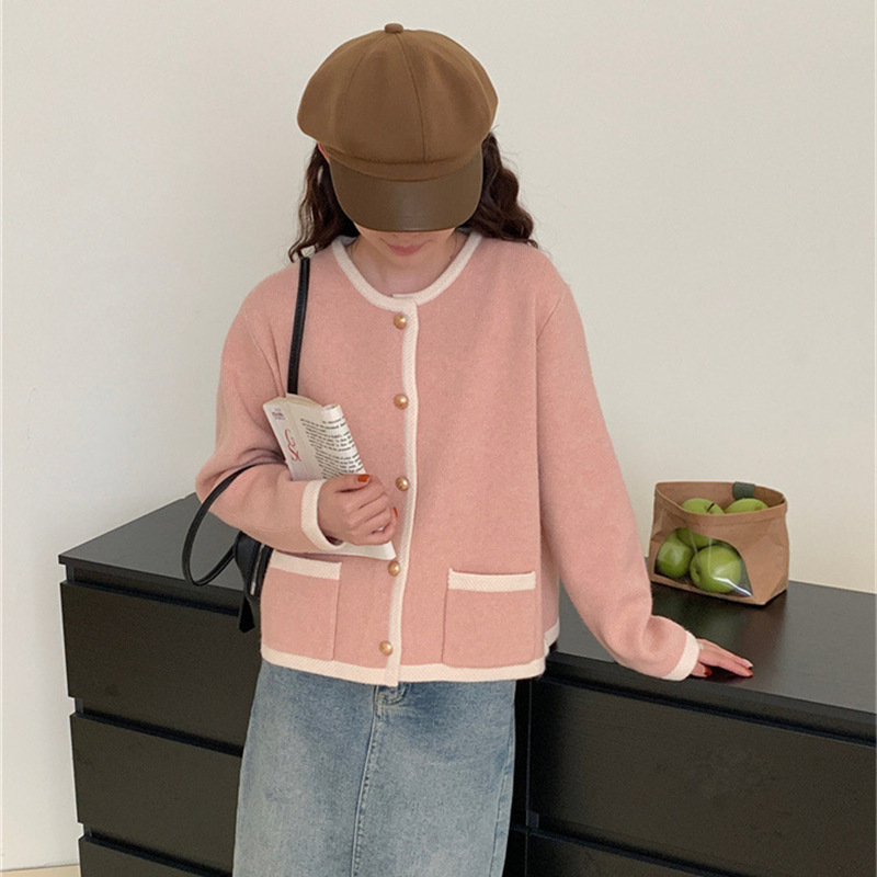 拼色圆领小香风针织开衫女秋冬新款韩版高级感休闲单排扣毛衣外套|undefined