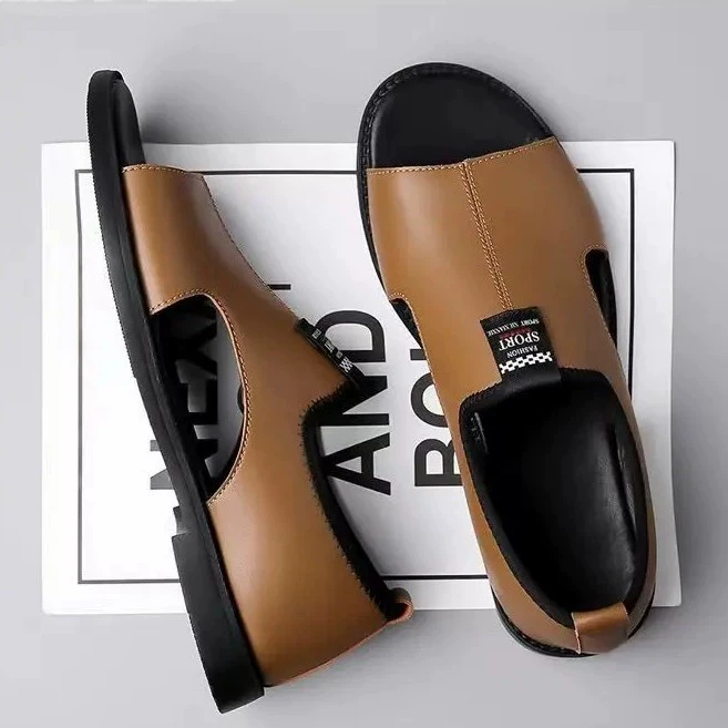 Мужские сандалии 2025 новые дышащие пляжные туфли полые модные нескользкие носить повседневные кожаные сандалии большого размера мужчины