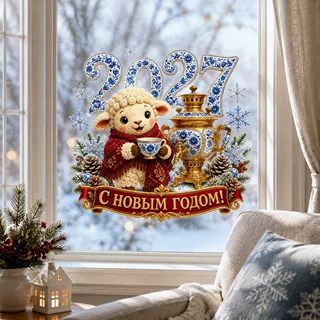 俄罗斯新年2027数字小羊茶壶雪花松果俄文祝福2027蓝白瓷风小羊静