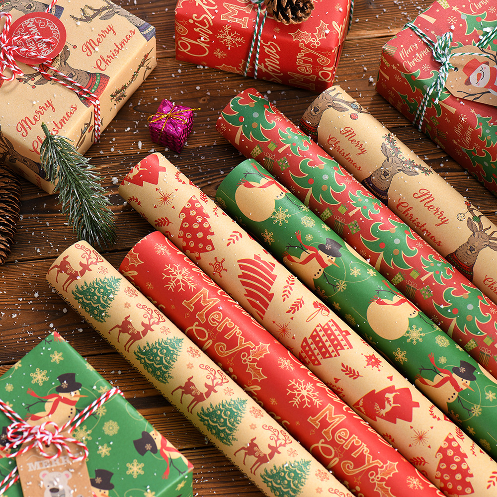 Nuevo papel de regalo de Navidad transfronterizo papel de kraft retro árbol de Navidad copo de nieve muñeco de nieve día embalaje de regalo papel de regalo