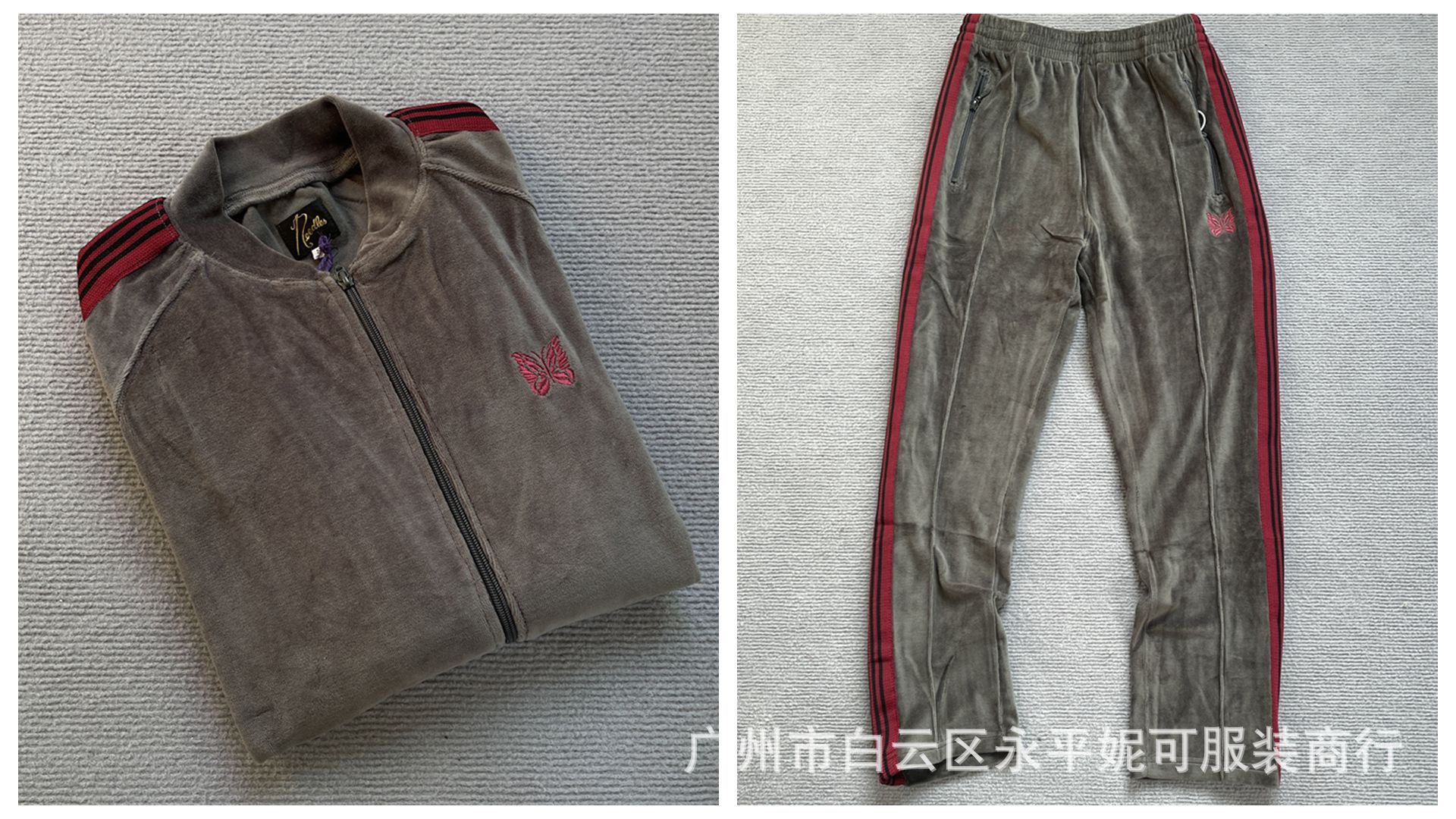 Needles tracksuits蝶ベルベットカーディガンレトロリボンジッパージャケットロングパンツスポーツスーツ