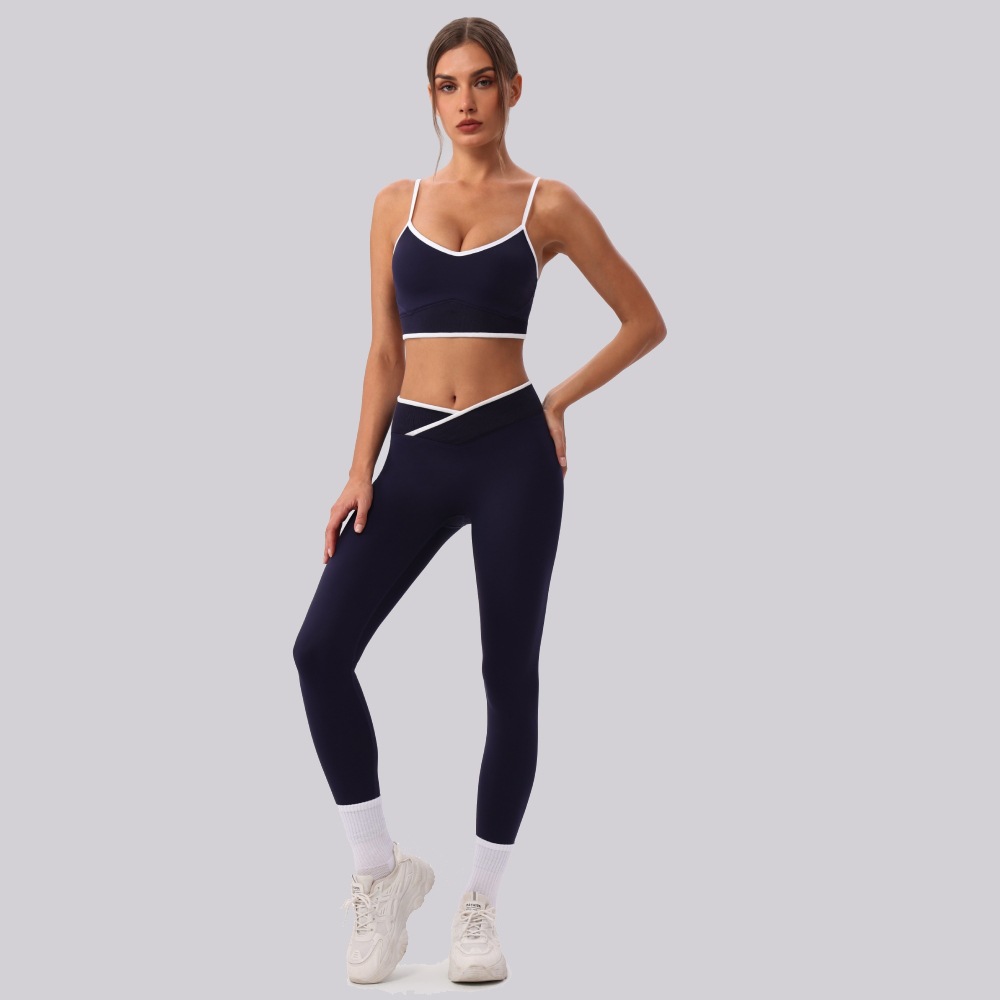 Chaleco deportivo de color contrastante trajes de yoga cruzados cintura alta caderas pantalones ajustados set 2026 nuevos trajes de ejercicio
