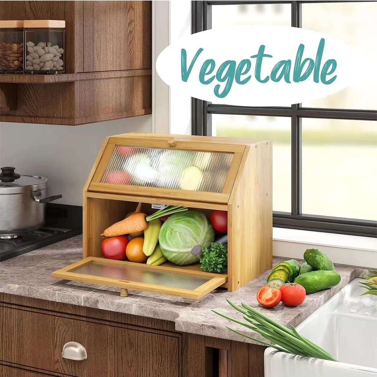 Caja de almacenamiento de madera de doble capa Cocina doméstica Caja de almacenamiento de alimentos de gran capacidad Caja de almacenamiento de bocadillos multifuncional