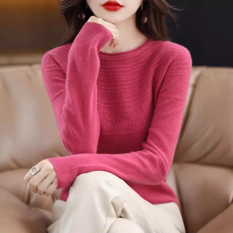 Seamless First-Line Garments 24 Years Autumn and Winter New Wool Sweater Women's Crewneck Hollow Knitted 100 Wool Base