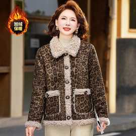 中老年女秋冬装豹纹翻领加绒加厚外套妈妈冬装洋气减龄保暖棉衣服