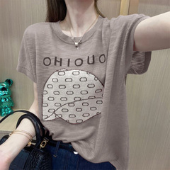 西洋風の高級アイスシルクショルダー半袖Tシャツ女性用2025年夏人気の大きいサイズゆったりお腹カバー痩身トップス