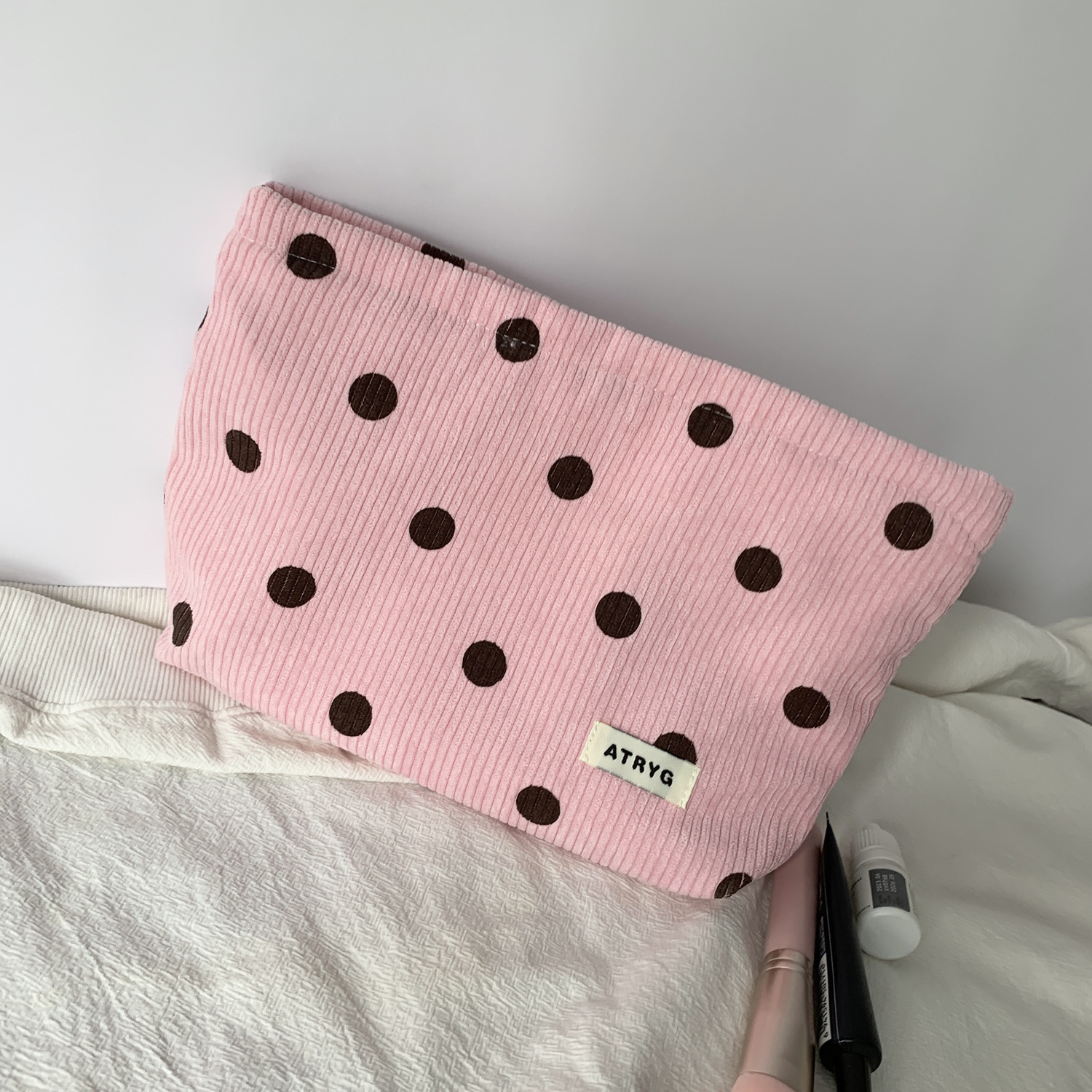 Bolsa de cosméticos de pana de lunares de lona transfronteriza, almacenamiento de cara sonriente, bolso de mano de lavado, llave, billetera móvil, estuche para lápices