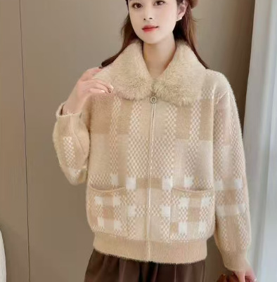 秋冬时尚撞色条纹棒球领拉链开衫毛衣女时尚通勤长袖针织衫外套|undefined