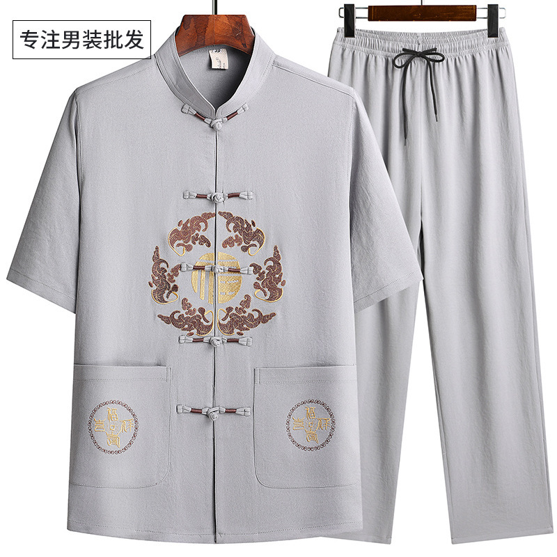 Zen meditation tang suit for men short-sleeved summer cotton multi-color jacquard wind Chinese middle-aged leisure suit Chinese tai chi clothing for man