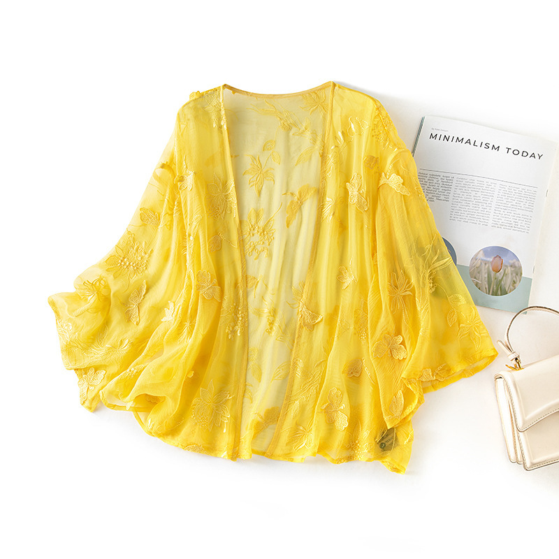 Super Fairy Transparent Top, Tulle Cardigan, Lace Embroidered Short Silk Jacket, Thin Sun Protection Shawl 85104