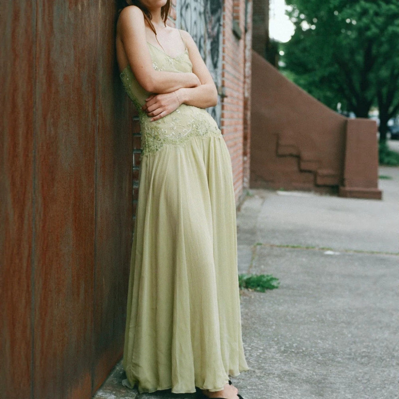 European and American Style Matcha Green French Embroidery Spaghetti Strap Long Dress with Mesh and Sequins, Waist-Cinching, Slimming, Elegant Vacation Style Long Dress