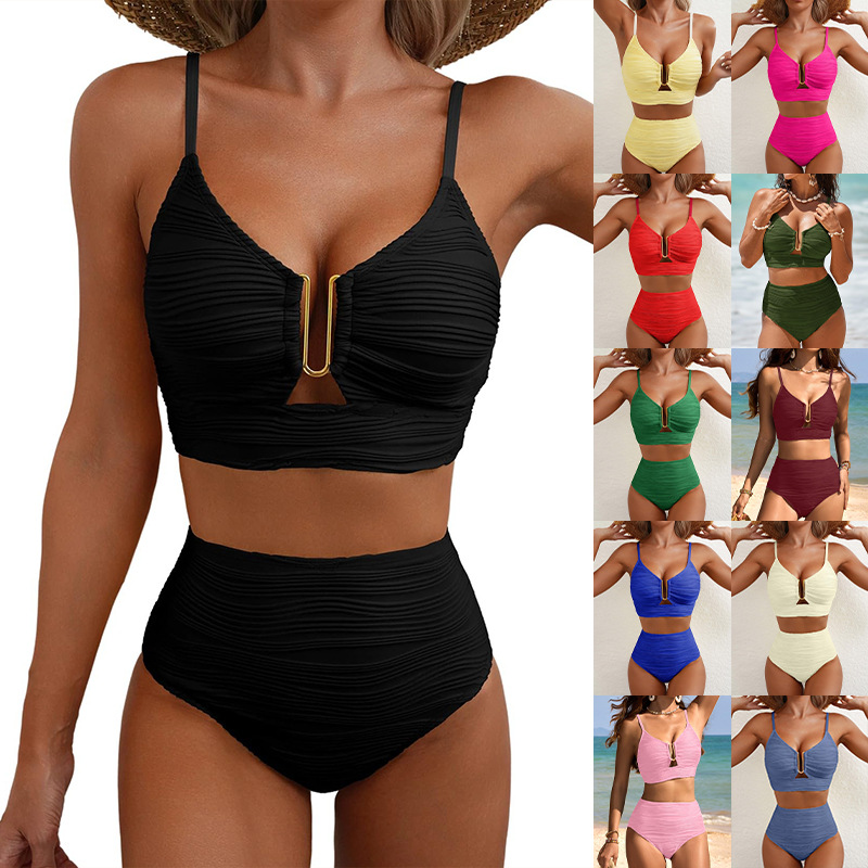 2025 European and American Cross-border New Bikini V-neck Hollow-out Swimsuit High Waist Textured Pleated Swimsuit Women's Bikini