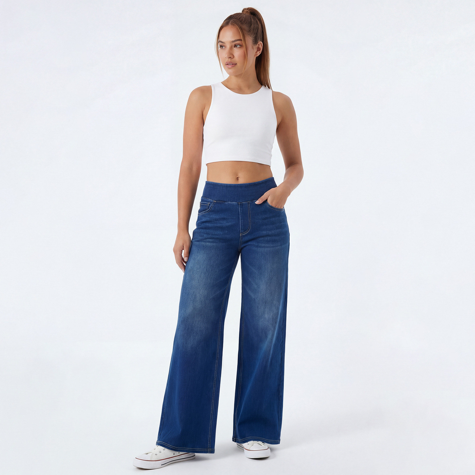 水洗针织高腰阔腿牛仔裤女款弹力直筒裤显瘦宽松裤子牛仔长裤