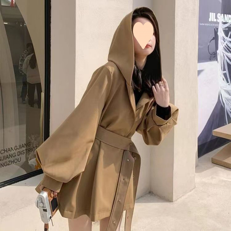 韓系連帽風衣外套女春秋新款小個子燈籠袖高級感休閒英倫風潮