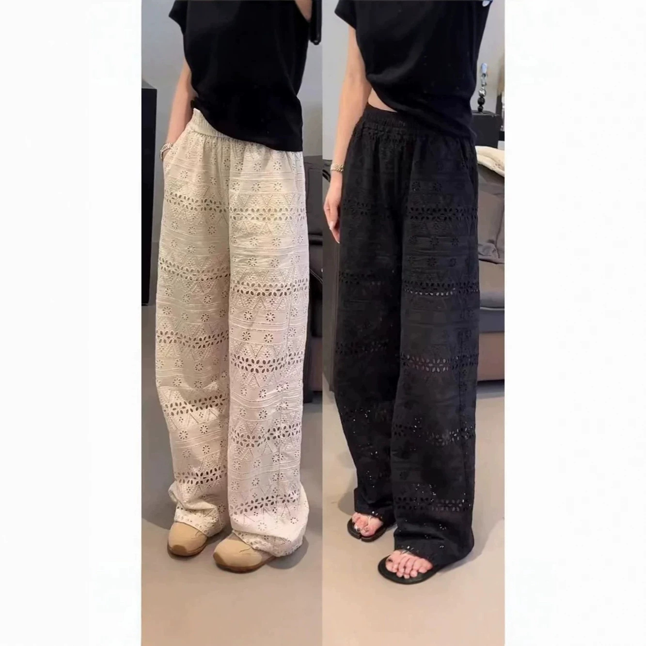 外穿女装夏季薄款高腰蕾丝镂空时尚阔腿裤胖mm宽松显瘦直筒休闲裤