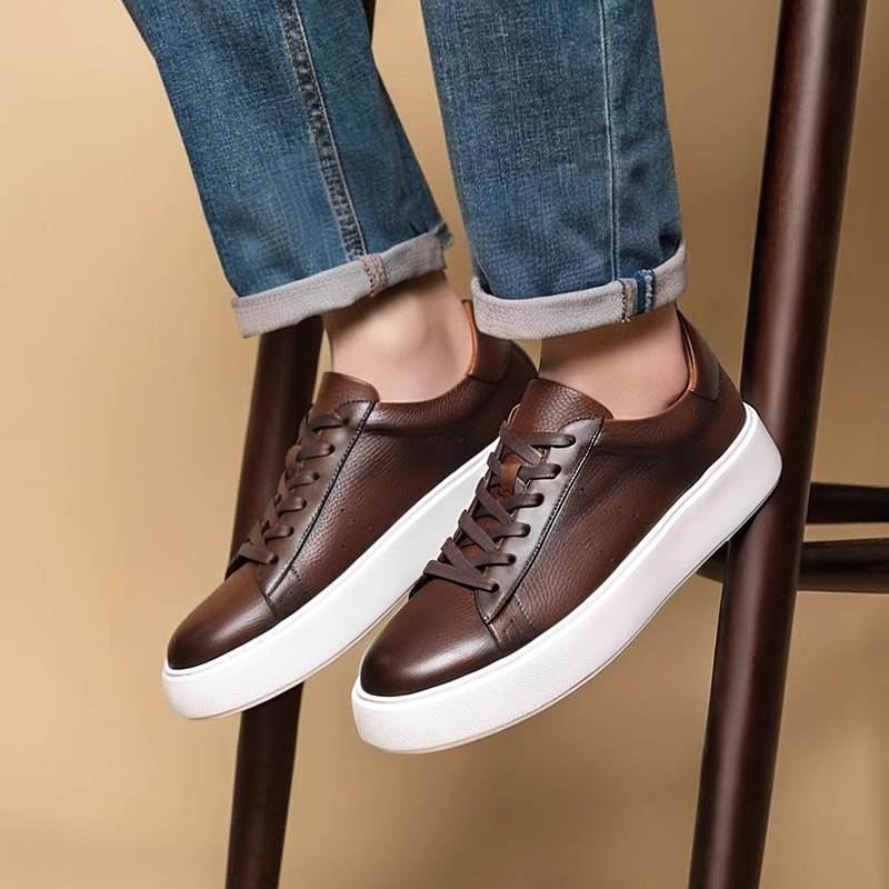Breathable Casual Leather Shoes for Men, Business British Cowhide, Versatile Thick-Soled Genuine Leather White Shoes, Men's Sneakers, Trendy New Style