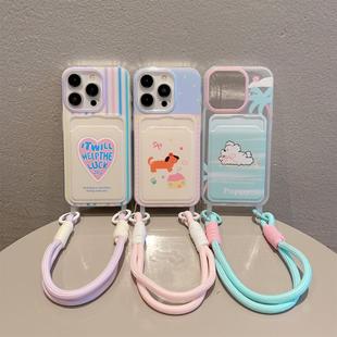 Cartoon New Model Suitable for Apple 16 Card Holder Mobile Phone Case with Hanging Chain Iphone15 Transparent 14 Lanyard Protective Cover