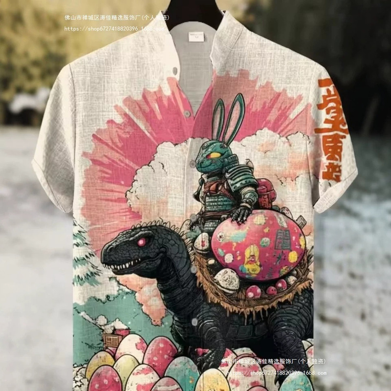 Vintage Japanese Ink Art Samurai Armor Rabbit Easter Egg Print Shirt with Stand Collar and Short Sleeves for Holidays Vintage Japanese Ink Art Samurai Armor Rabbit Easter Egg Print Shirt with Stand Collar and Short Sleeves for Holidays