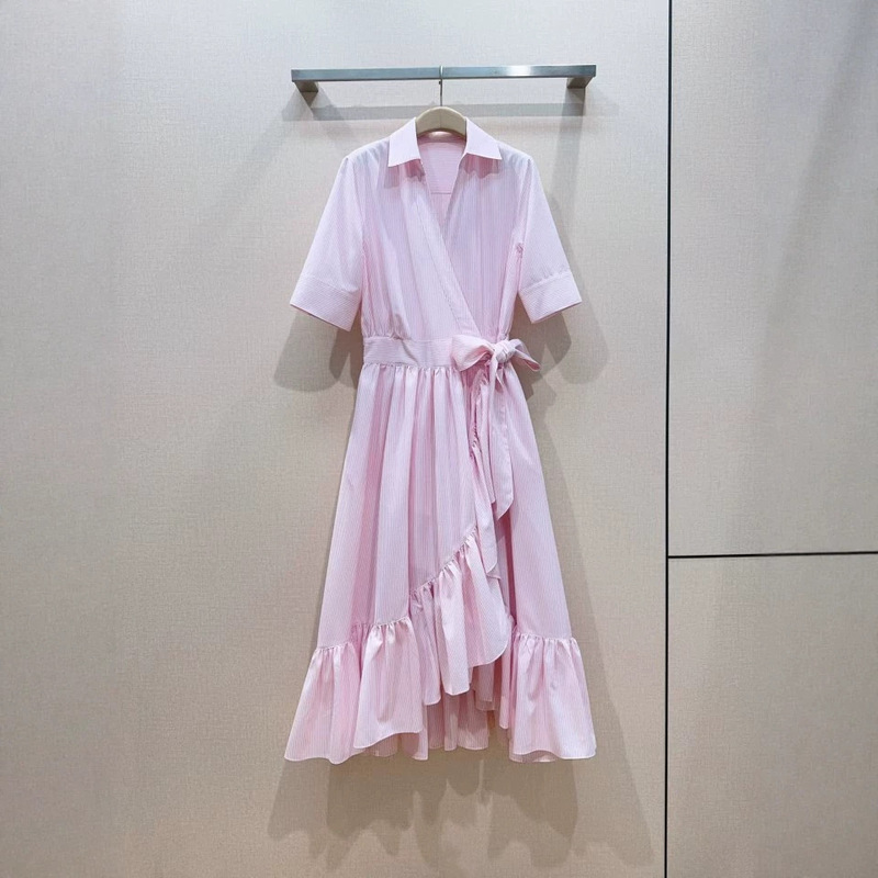 Pink Vertical Striped One-Piece Dress, Summer 26, with a Turn-Down Collar, Ruffled Hem, Tie-Waist, Wrap-Style, Mid-Sleeve Long Dress