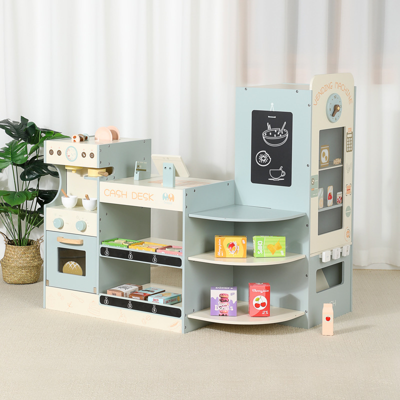 Children's simulation large corner supermarket canteen cashier play house shop birthday gift wooden toys