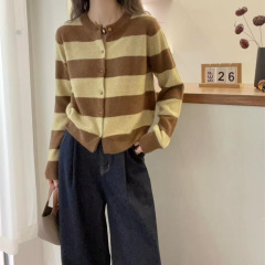 宽松时尚撞色条纹羊毛针织开衫女秋冬圆领毛衣外套拼色纯羊毛外搭