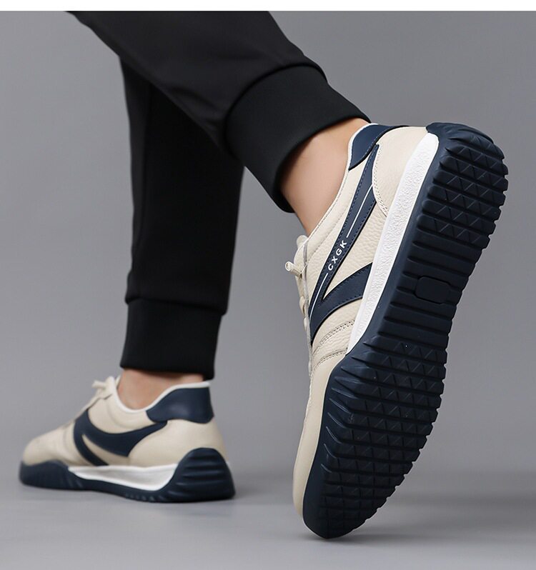 Giày thể thao nam da mềm đế mềm thoáng khí phối sọc, kiểu sneaker cổ thấp — màu trắng ngà, đen, Lớp đầu màu be 6002, Đen đầu lớp 6002 chi tiết 17