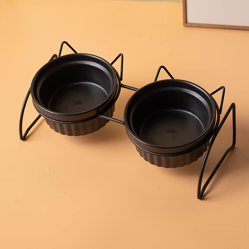 Fábrica al por mayor de cerámica gato comida tazón cuello protección diseño bebedero gato arroz tazón doble tazón antidetonante perro tazón de comida