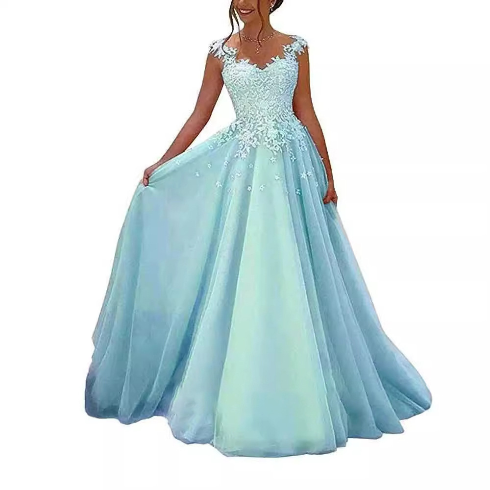 Nuevo vestido de noche con tirantes transfronterizo, gasa de encaje, fiesta de cumpleaños, vestido largo con temperamento, vestido de compromiso nupcial