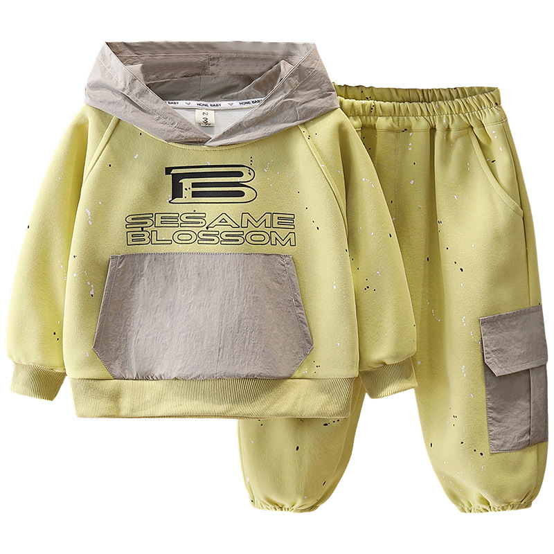 7096 traje de suéter para niños primavera y otoño 2025 nueva ropa deportiva con capucha para niños, traje de dos piezas de estilo occidental de primavera