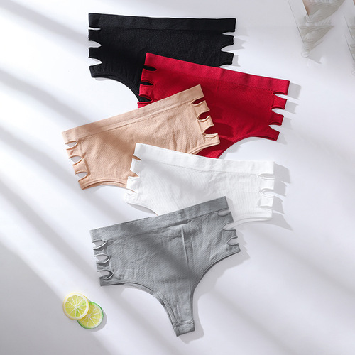 Seamless Mid-waist Triangle Underwear Women's Tummy Control Hip-lifting Hollowed-out Women's Underwear Breathable European and American Style Yoga Large Size Underwear