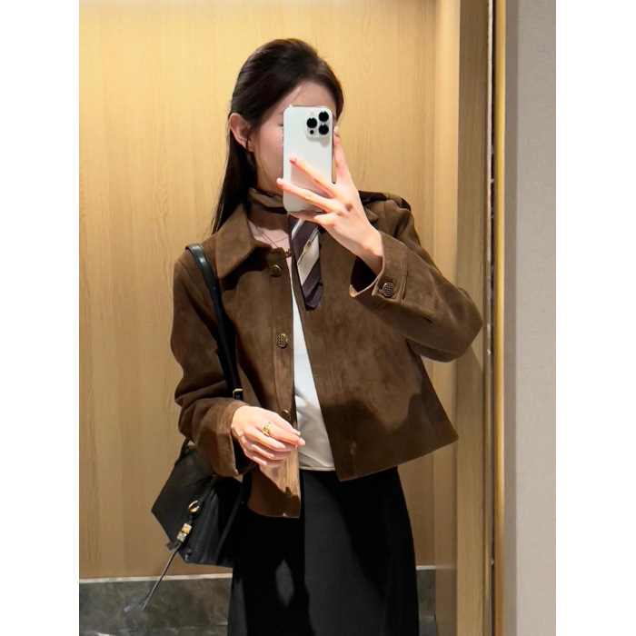 美拉德麂皮绒外套女短款2025春秋新款复古宽松小个子薄款夹克上衣|undefined