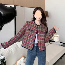 酒红撞色格纹编织风小香风短外套2025秋冬新款气质百搭网红上衣女