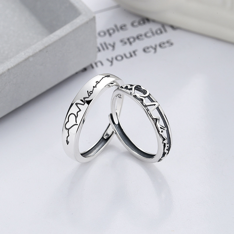 Yunchaoxuan S925 Sterling Silver Korean Love Heartbeat Induction Irregular Hollow Love Couple Ring Open Ring