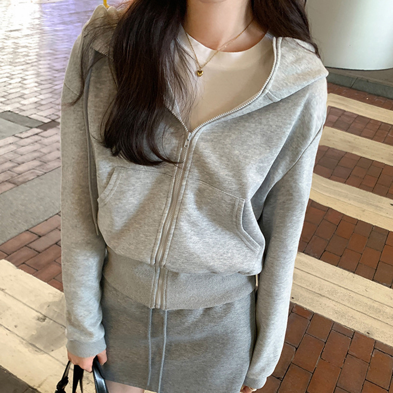 Jimo Hooded Sweatshirt Jacket for Women, Korean Style, Spring, Autumn, and Winter, Fleece-Lined, 2026 New Model, Zip-Up Cardigan, Short Top