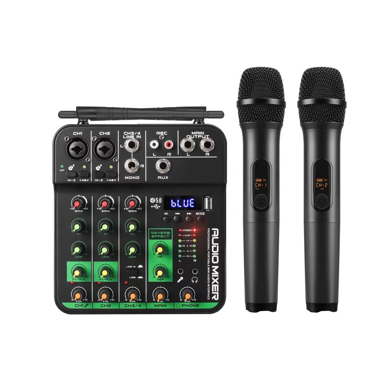 Mezclador de audio DJ Pro con micrófono inalámbrico Mezclador de audio DJ de 4 canales para karaoke