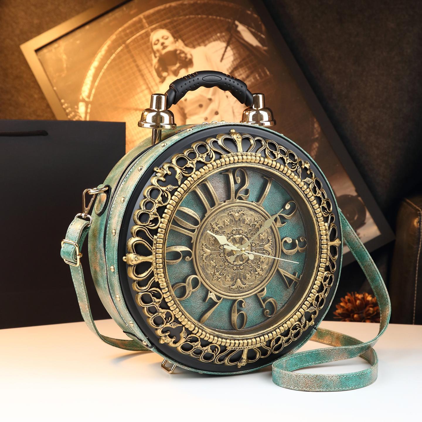 Túi đeo chéo nữ dáng tròn vintage thiết kế mặt đồng hồ độc đáo — màu nâu, đen, màu vàng, xanh lá cây