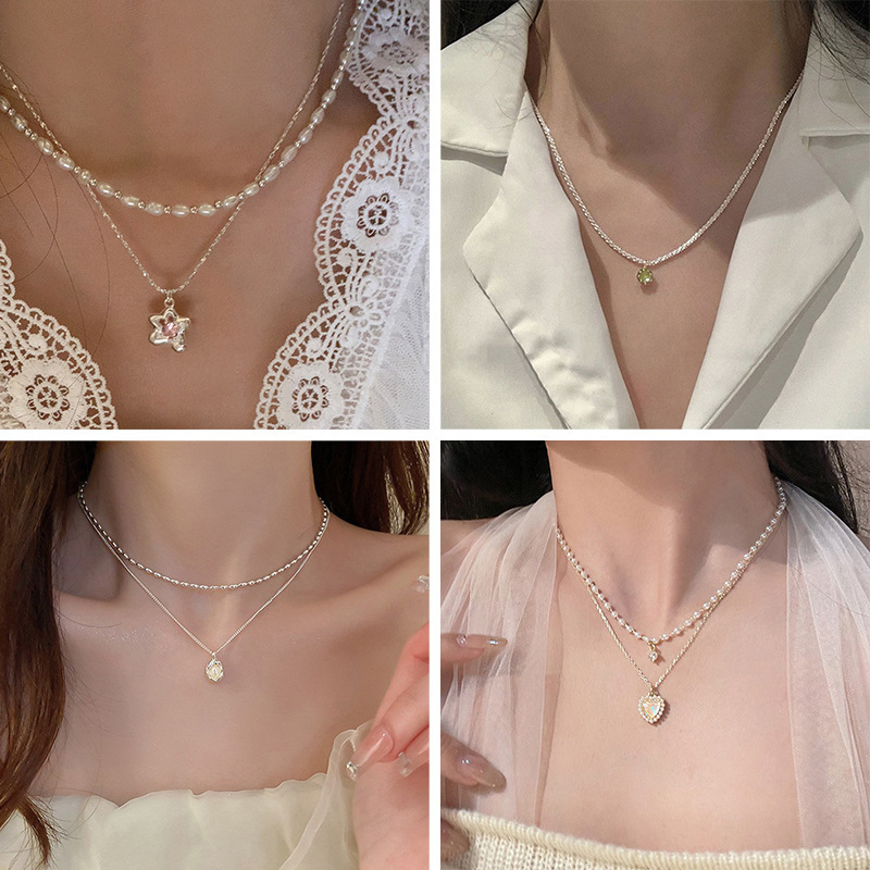Sweet Girl Accessible Luxury Pearl Color Zircon Necklace Women's High-End Clavicle Chain Combination Niche Design Versatile Silver Jewelry