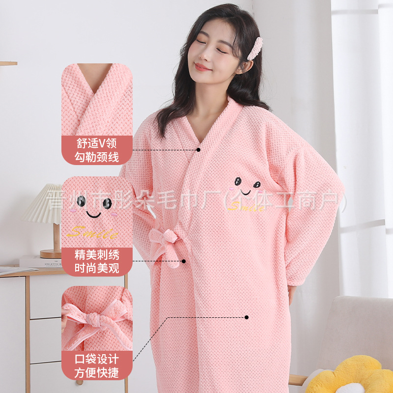 (2개) 새로운 산호 양털 목욕 원피스 가정용 두꺼운 여성용 목욕 원피스 유행 두건수 흡수성 긴 소매 산호 양털 목욕