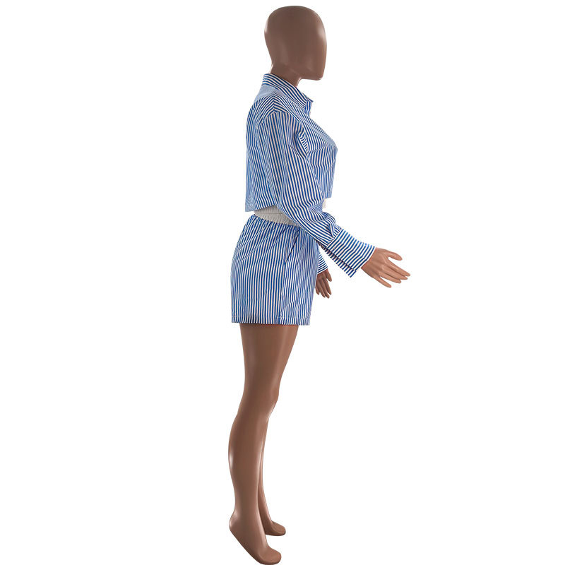 Striped Shirt Long Sleeve Ladies Two Piece Set Casual Elastic Waist Shorts Suit Summer