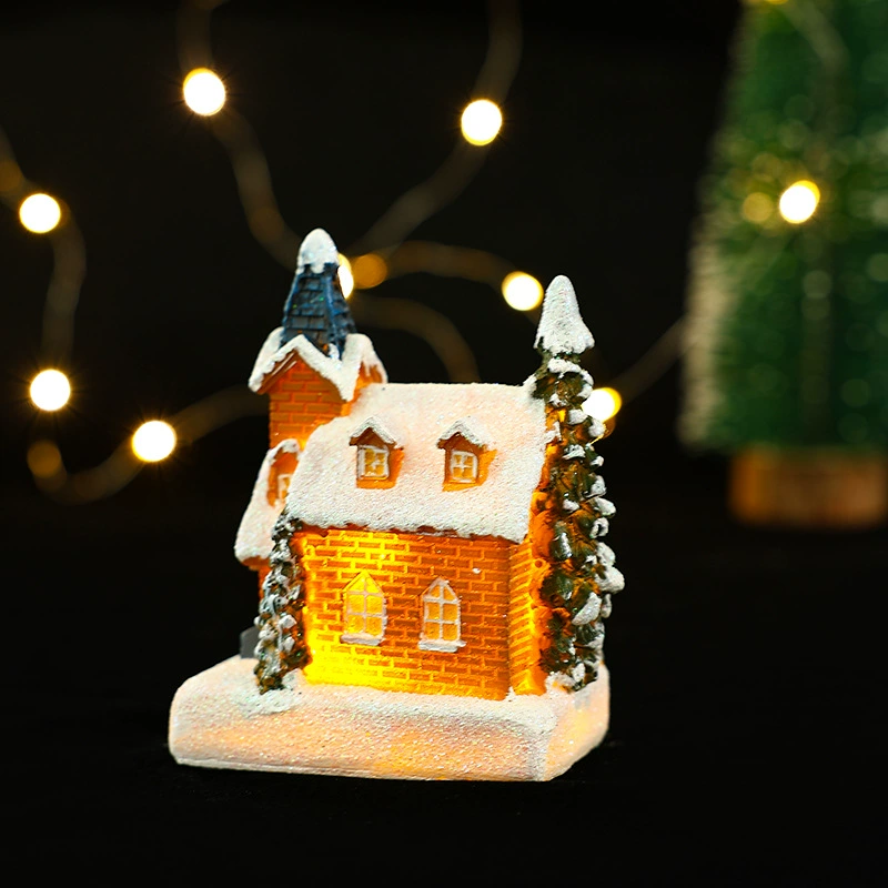Miniature resin house decorations, micro landscape LED models, battery‑powered, assorted sizes 7–10 cm