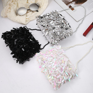 2024 New Cross-border Women's Evening Bag Handmade Beaded Sequin Chain Bag European and American Fashion Banquet Small Square Bag