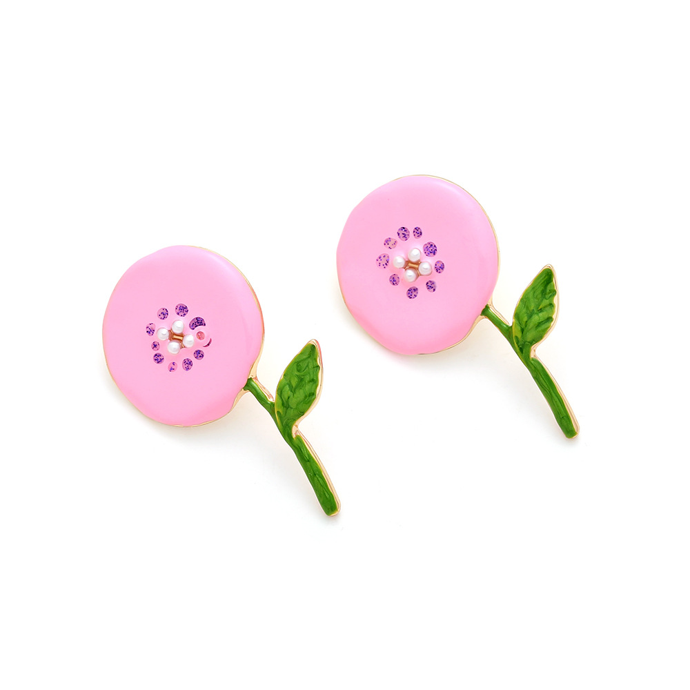 IG Style Sweet Leaf Flower Zinc Alloy Enamel Inlay Artificial Pearls Rhinestones Women's Ear Studs 1 Pair display picture 3