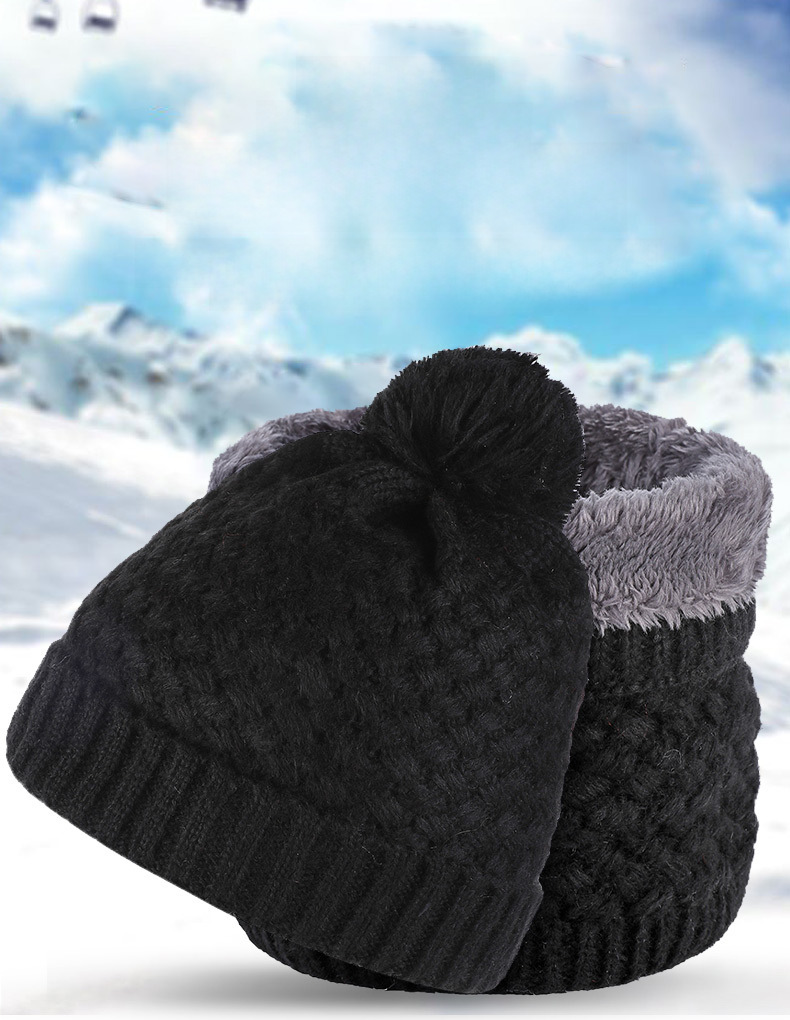 Unisex Schal Mode Winter Samt Strickmütze Set Pelz Ball Kappe Warm Einfarbig Hals Set_voghion.com