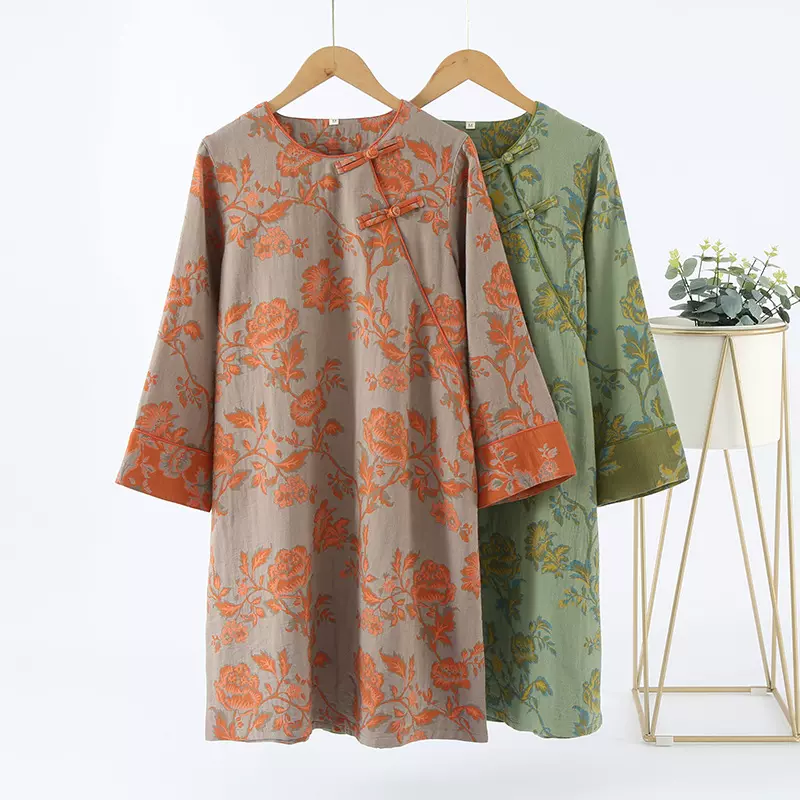 新中式国风春夏气质女纯棉纱布睡裙复古盘扣斜襟提花中长款家居服