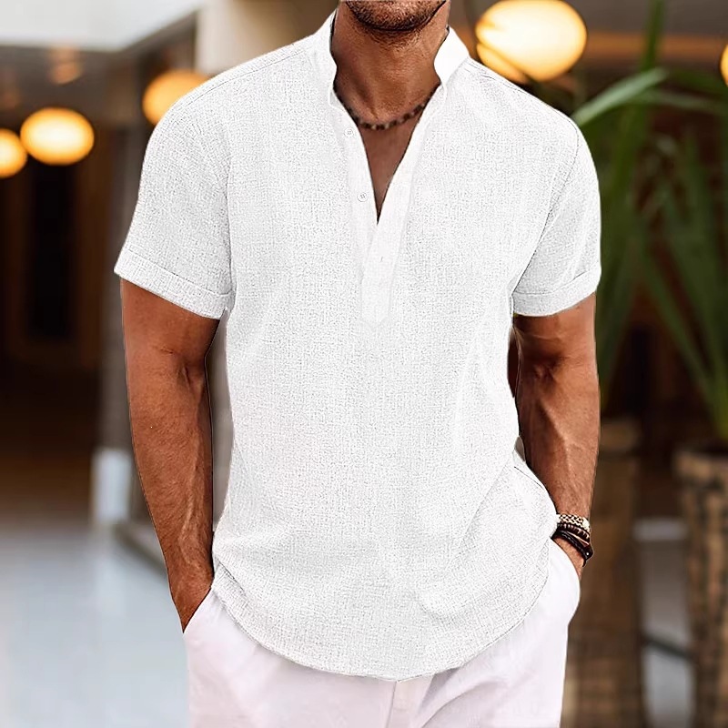 2026 European and American style men's summer shirt, foreign trade, cross-border e-commerce, Amazon, solid color stand-up collar men's half-cardigan cotton linen short-sleeved shirt