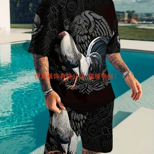 Pcs Rooster D Digital Print Men's Summer Leisure Outfit Set,